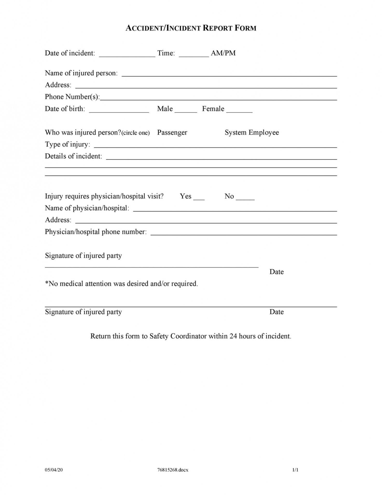 Incident Report Form Template Word