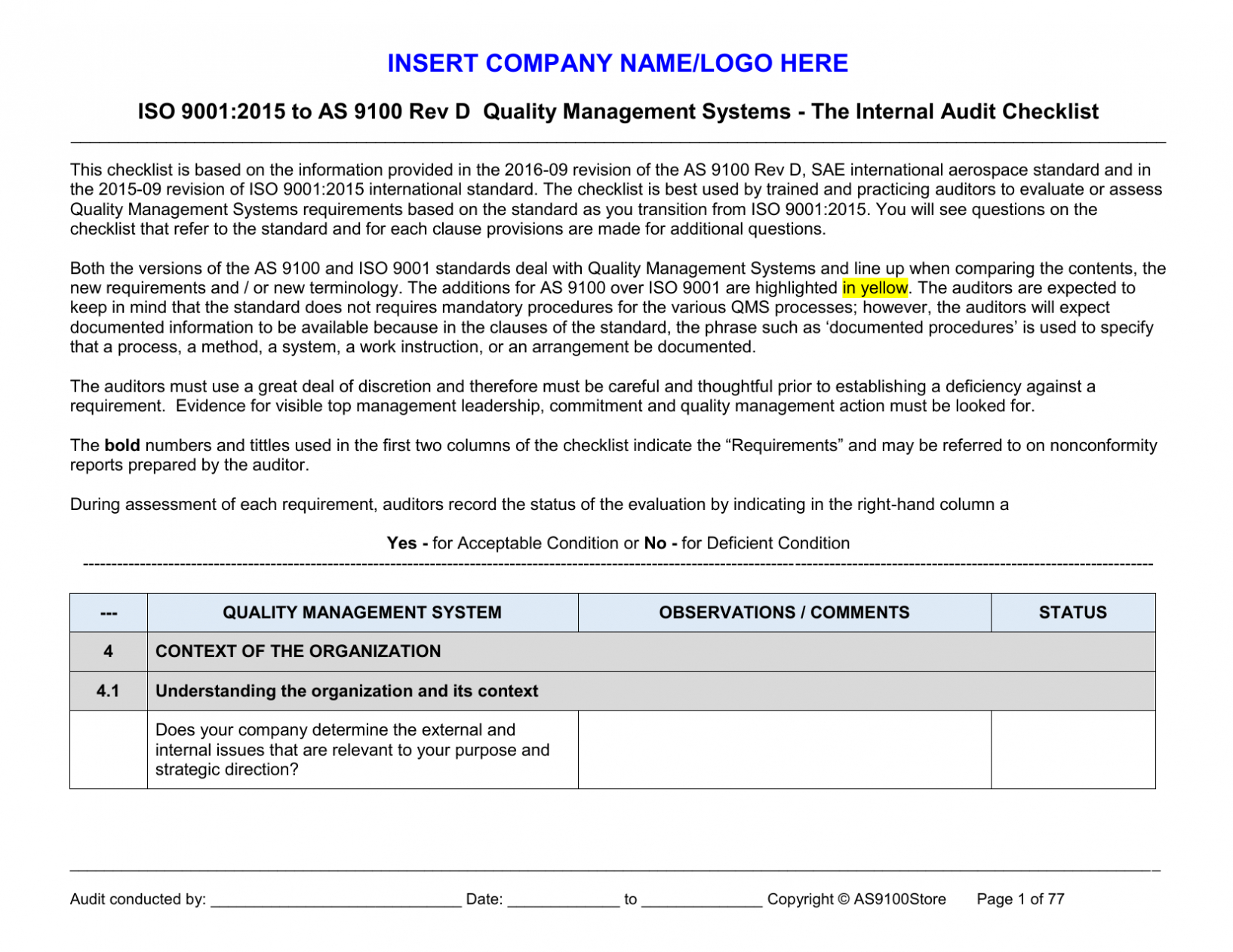 iso 90012015 internal audit template