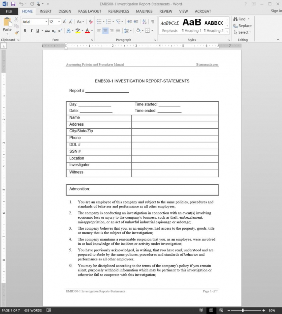 Investigation Report Template | Emb500-1 in Investigation Report Template Doc