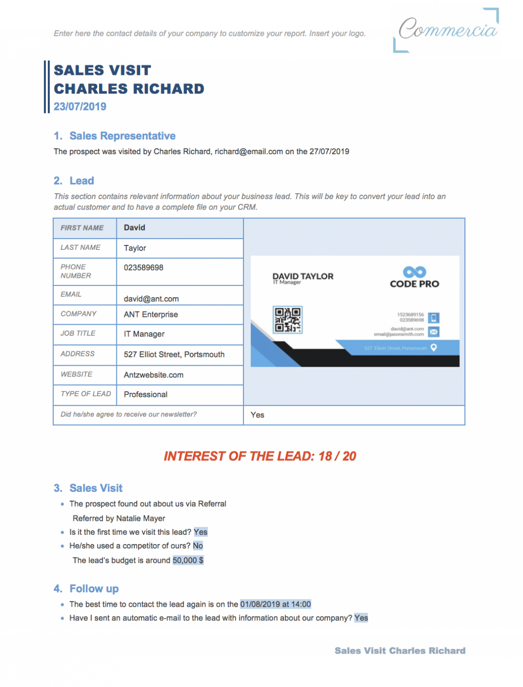 Customer Visit Report Format Templates