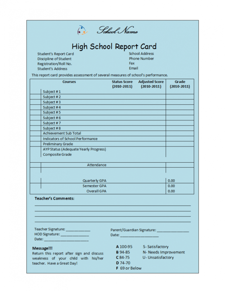 Student Report Template Throughout High School Student Report Card Template 768x993 